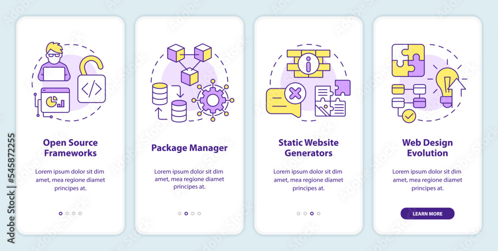 Biggest digital development trends onboarding mobile app screen. Walkthrough 4 steps editable graphic instructions with linear concepts. UI, UX, GUI template. Myriad Pro-Bold, Regular fonts used