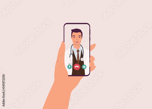 Patient’s Hand Holding Mobile Phone With Smiling Male Doctor On Video Call. Telemedicine. Telehealth. Close-Up. Flat Design Style, Character, Cartoon.