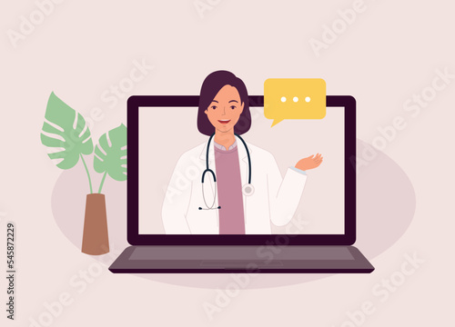 One Smiling Female Doctor Giving Online Medical Advice. Telemedicine. Telehealth. Half Length. Flat Design Style, Character, Cartoon.