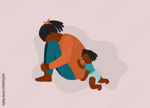 Black Teenage Girl With Depression Sitting On Floor Neglecting Her Baby Girl. Full Length. Flat Design Style, Character, Cartoon.