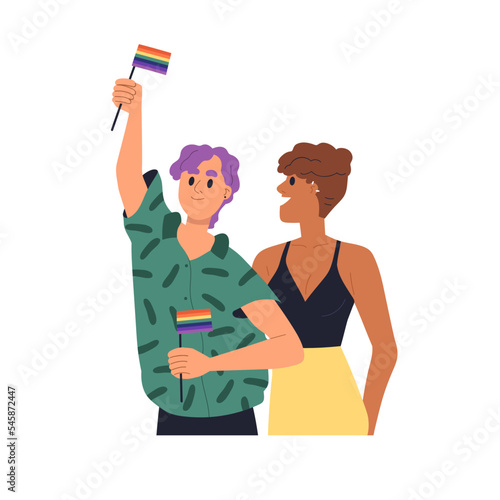 Love couple, lesbian women with rainbow flags. Happy homosexual girls in romantic relationships. LGBT girlfriends lovers, modern partners. Flat vector illustration isolated on white background
