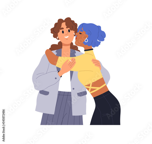 Lesbian love couple. Homosexual girl kissing, hugging happy woman partner. LGBT female partners of different race in romantic relationship. Flat vector illustration isolated on white background