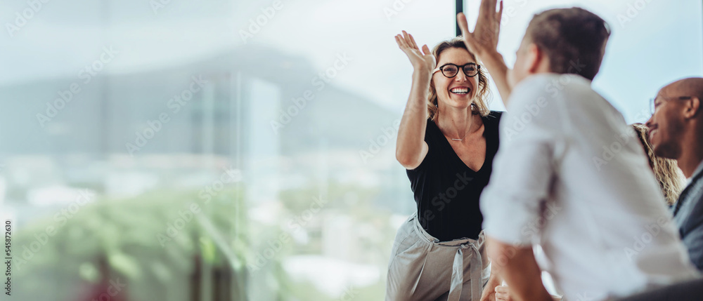 Businesswoman giving a high five to a colleague in meeting - obrazy, fototapety, plakaty 
