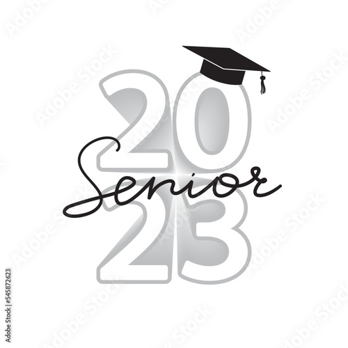 Senior 2023 school concept. Graduation class of 2023. Black cap and text on white.