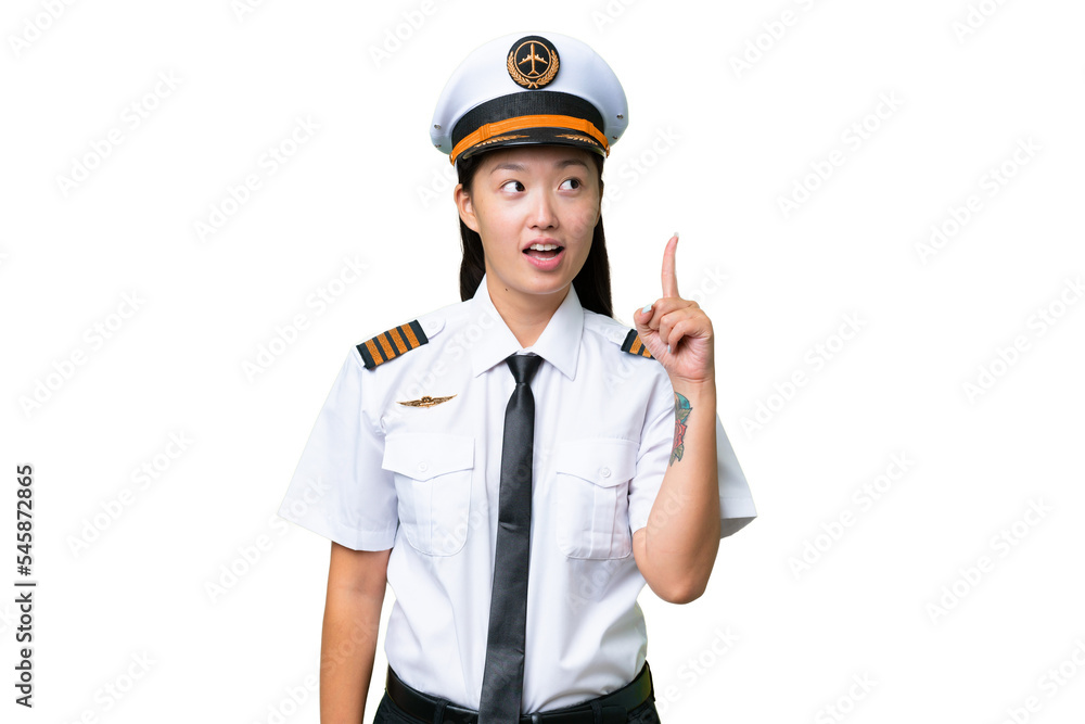 Airplane pilot Asian woman over isolated background thinking an idea pointing the finger up Airplane pilot Asian woman over isolated background thinking an idea pointing the finger up