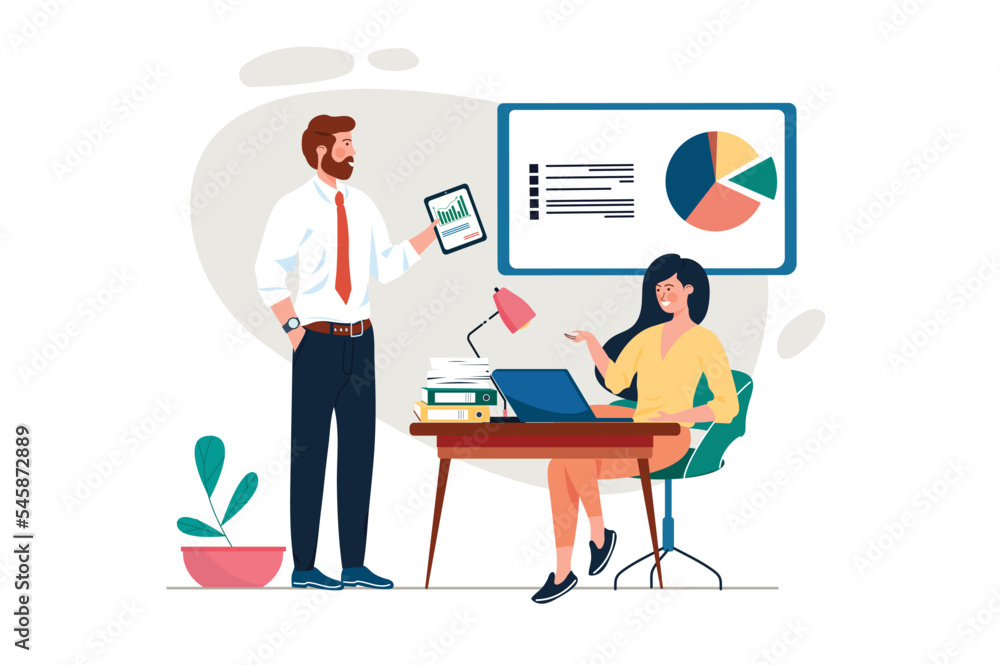 Concept Office with people scene in the flat cartoon design. Director of the department gives a new task to a employee in the office. Vector illustration. Concept Office with people scene in the flat cartoon design. Director of the department gives a new task to a employee in the office. Vector illustration.