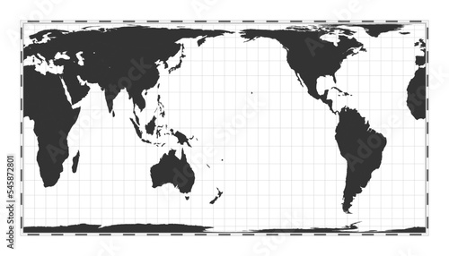 Vector world map. Cylindrical equal-area projection. Plan world geographical map with latitude longitude lines. Centered to 180deg longitude. Vector illustration.