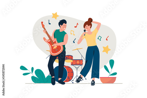 Musical instruments concept with people scene in the flat cartoon design. Boy plays the guitar and the girl sings to him into the microphone. Vector illustration.