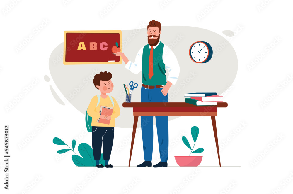 Education concept with people scene in the flat cartoon design. Teacher explains the alphabet to the smallest student. Vector illustration.