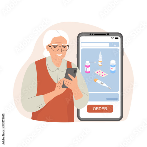 Elderly woman orders medicines through an application on a smartphone. Vector illustration.