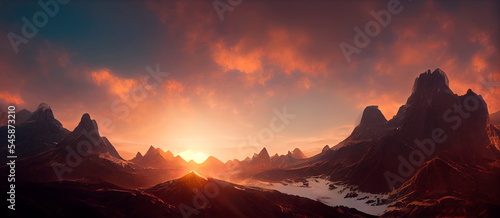 Sunrise from the top of the mountain. Beautiful landscape in the mountains at sunrise. © Maximusdn