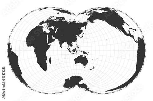 Vector world map. Nicolosi globular projection. Plan world geographical map with latitude/longitude lines. Centered to 120 deg W longitude. Vector illustration.
