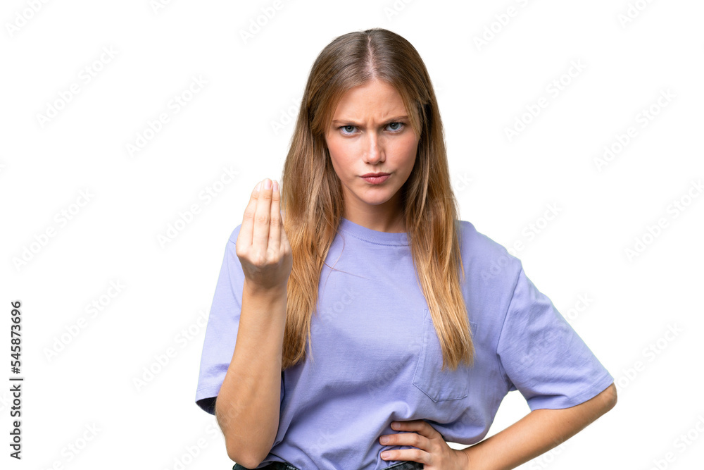 Young beautiful woman over isolated background making Italian gesture Young beautiful woman over isolated background making Italian gesture