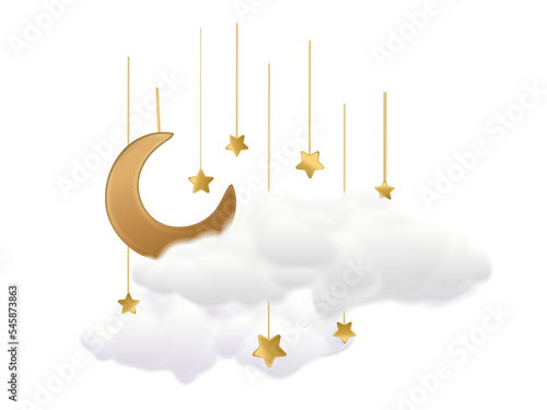 Night sky background with half moon in clouds and stars.Vector illustration
