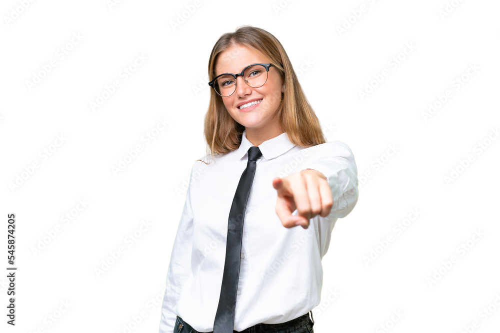 Young business caucasian woman over isolated background points finger at you with a confident expression Young business caucasian woman over isolated background points finger at you with a confident expression