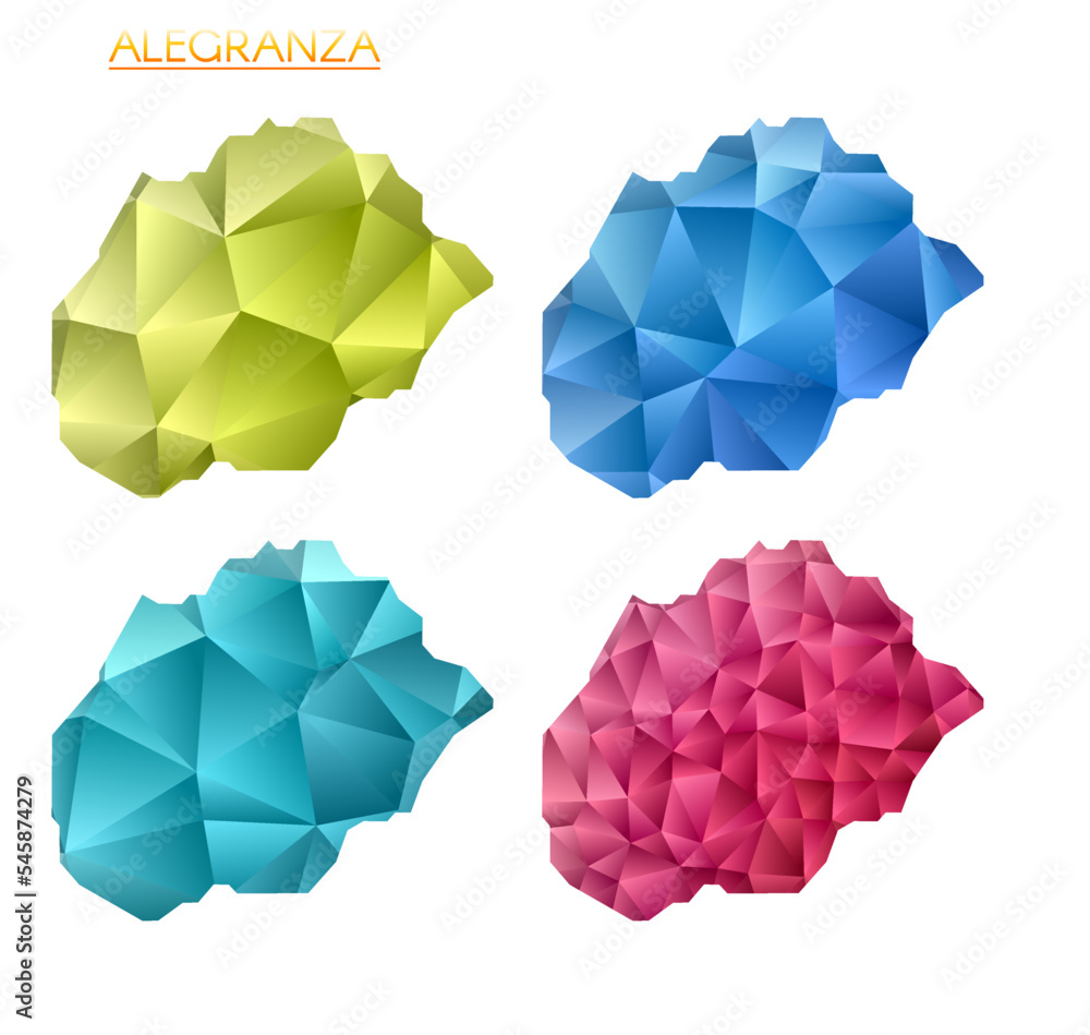 Set of vector polygonal maps of Alegranza. Bright gradient map of the island in a low poly style. Multicolored Alegranza map in geometric style for your infographics. Beautiful vector illustration.
