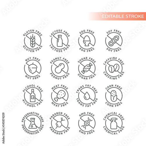 Food ingredients and allergen vector icon set. Gluten, lactose and alcohol free, no preservatives label badge set. 