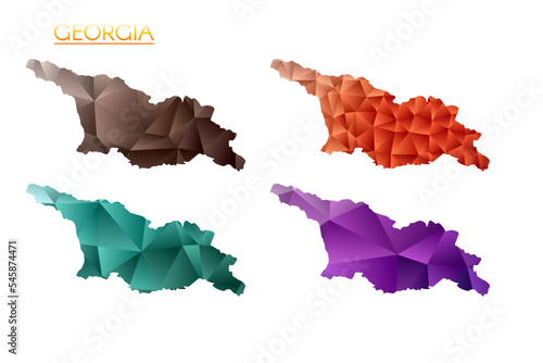 Set of vector polygonal maps of Georgia. Bright gradient map of the country in a low poly style. Multicolored Georgia map in geometric style for your infographics. Superb vector illustration.