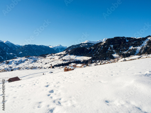 Panoramic view on city in winter in resort Ladis, Fiss, Serfaus in ski resort in Tyrol.