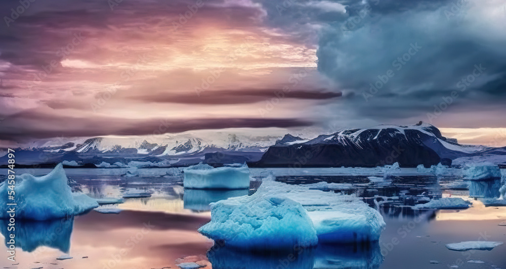Terminal glacial lake with floating icebergs Terminal glacial lake with floating icebergs