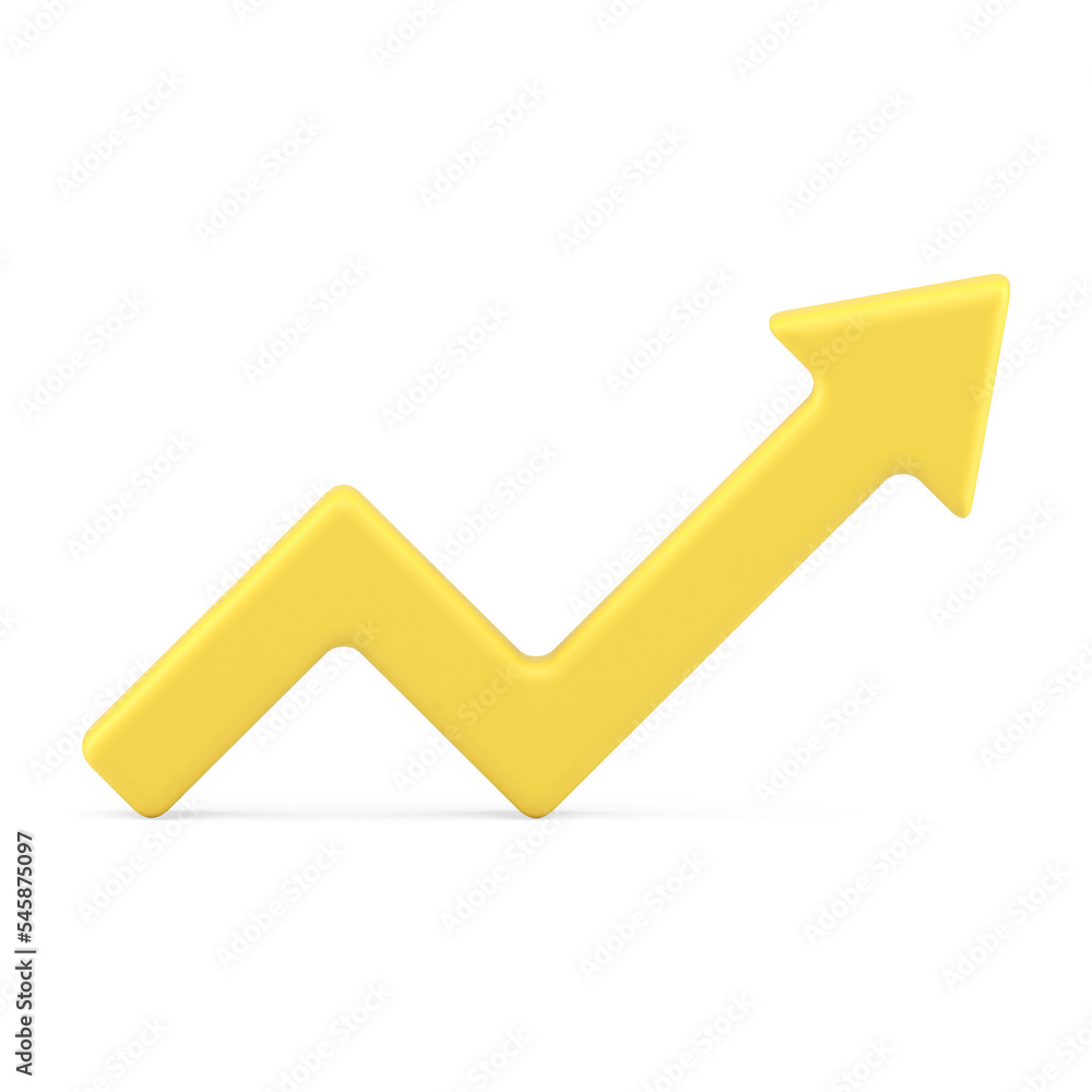 Angled dynamic arrow increase and recession part upward pointer yellow realistic 3d icon Angled dynamic arrow increase and recession part upward pointer yellow realistic 3d icon
