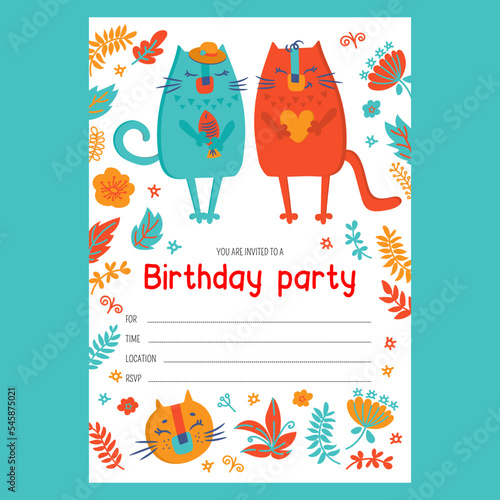 CAT GIRL INVITES BIRTHDAY Two Kitten Holding Orange Heart And Red Fish Cartoon Hand Drawn Sketch In Flat Design And Text Banner With Date And Time Vector Print