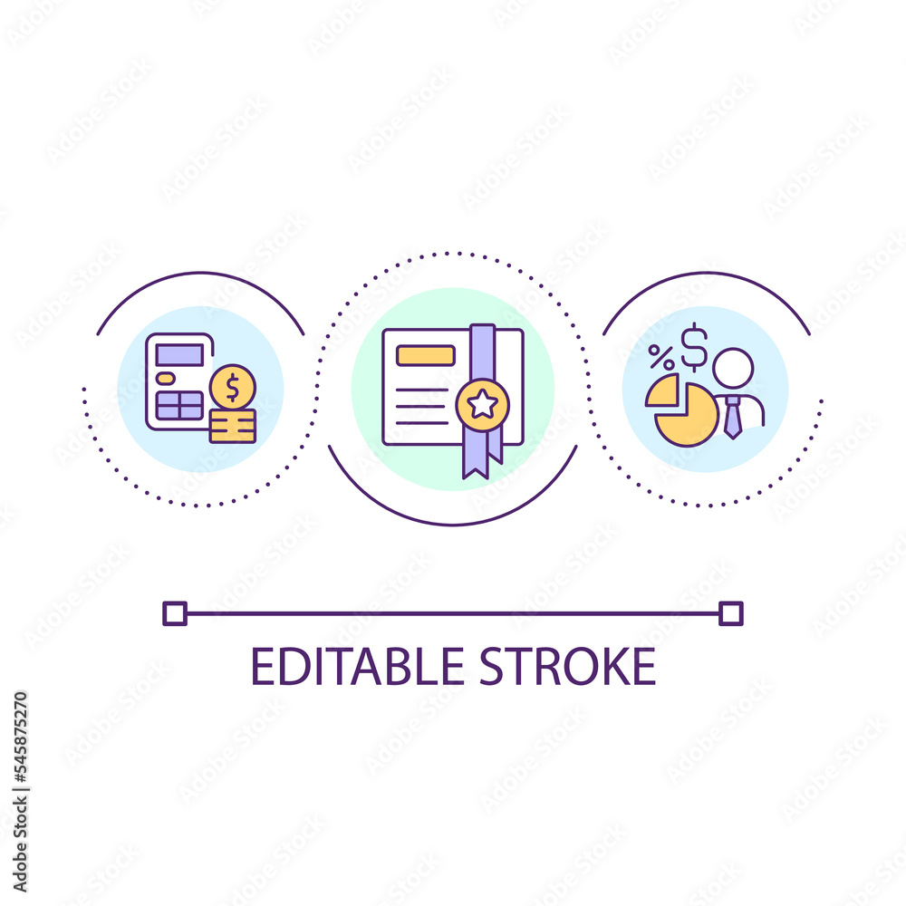 Certificated accountant assistance loop concept icon. Corporate budget calculation. Finance abstract idea thin line illustration. Isolated outline drawing. Editable stroke. Arial font used Certificated accountant assistance loop concept icon. Corporate budget calculation. Finance abstract idea thin line illustration. Isolated outline drawing. Editable stroke. Arial font used