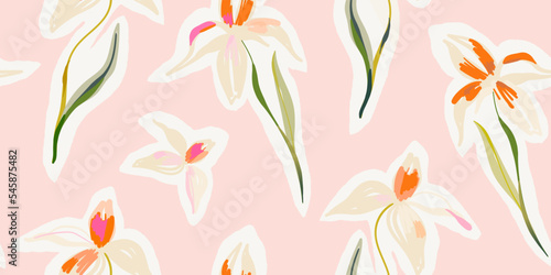 Hand drawn cute pink artistic flowers print. Modern botanical pattern. Fashionable template for design. 