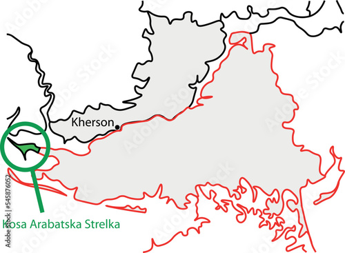 Kosa Arabatska Strelka. Map of Kherson, Ukraine. Schematic representation of the Kherson region. War in Ukraine 2022. Liberation of Kherson.