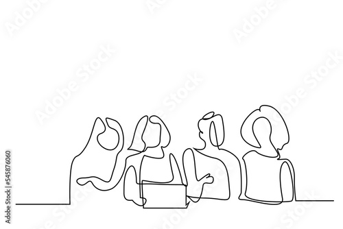 group of only women working laptop computer tablet having meeting talking