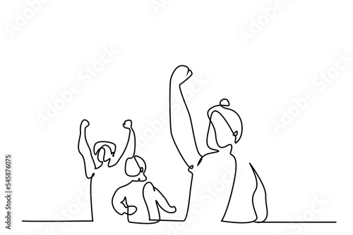 people making victory sign with arms up