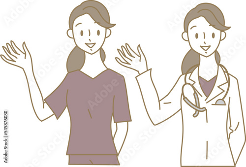片手を上げて案内する若い女性医師のイラストセット
