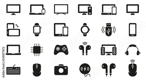 PC, Computer, Monitor, Smartphone, Camera, Keyboard, Headphone Silhouette Icon Set. Electronic Wireless Equipment Glyph Pictogram. Portable Devices Symbol. Isolated Vector Illustration