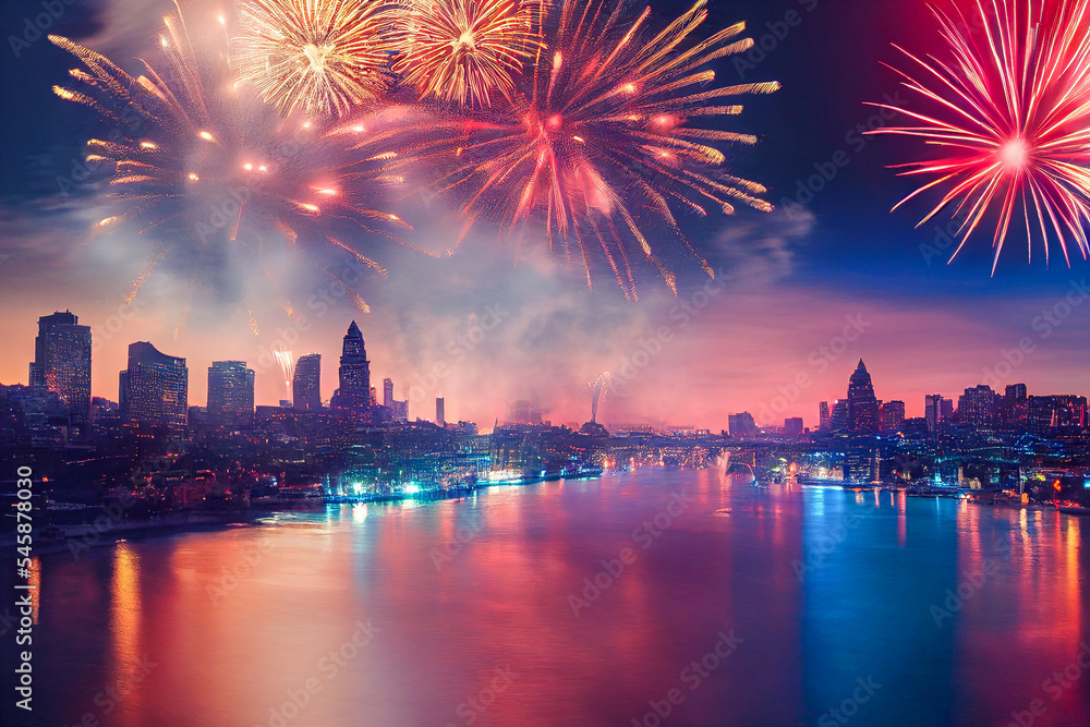 Fototapeta premium fireworks over the city with River, Generative AI Illustration
