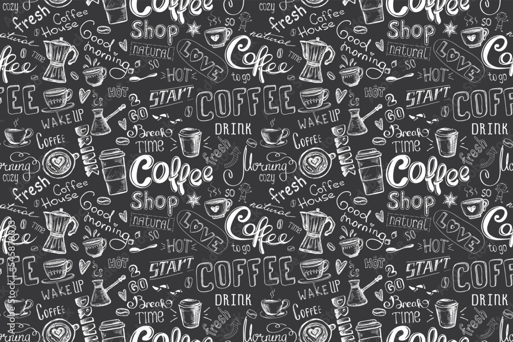 Seamless pattern with coffee. Various words, mugs and signs on coffee theme, on dark background. Texture with doodle coffee symbols, decor, hand drawn wallpaper for web, print.