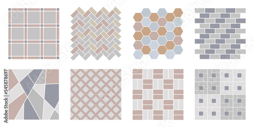 Set of vector street pavements, brick, architectural elements. Top view. Collection of pavement textures. Paving stone pattern for plan, garden, game, map, landscape design. Rock stones