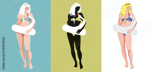 Beautiful blonde girl with long hair in a retro pinup style bikini, with a float in the shape of a swan. Modern allegory of Greek mythology. Leda and the swan. Three version collection. photo