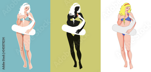 Beautiful blonde girl with long hair in a retro pinup style bikini, with a float in the shape of a swan. Modern allegory of Greek mythology. Leda and the swan. Three version collection.