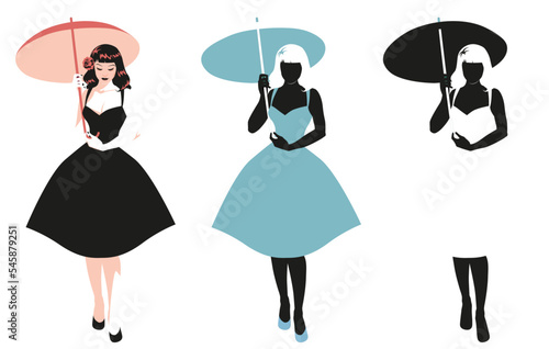 Beautiful girl combed and dressed in retro pinup style holding an umbrella isolated on white background. Three version collection.