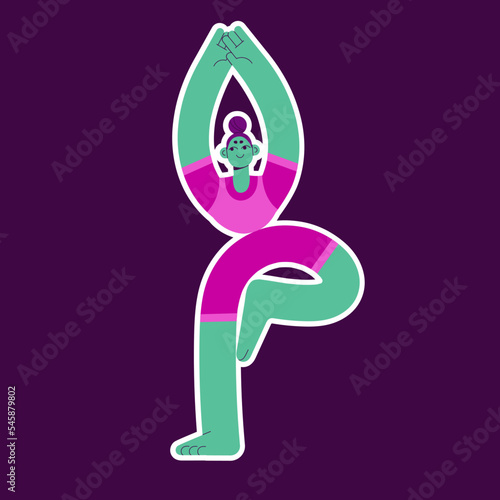 Girl standing in Tree Pose, Vrikshasana asana. Modern woman exercising in balancing position. Female character training, stretching body in yoga posture. Zen workout. Flat vector illustration