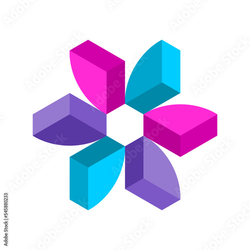 Colorful 3D logo design template. Quarters of a circle make hexagonal motion shape. Six propeller like objects rotating. Isometric impossible penrose geometric figure. Vector illustration, clip art