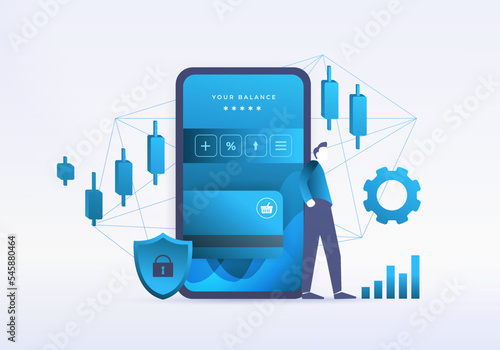 Fintech app concept illustration. Financial technology - Digital banking, Personal finance, Investments, Blockchain and cryptocurrency, RegTech financial and banking services in one mobile fintech app