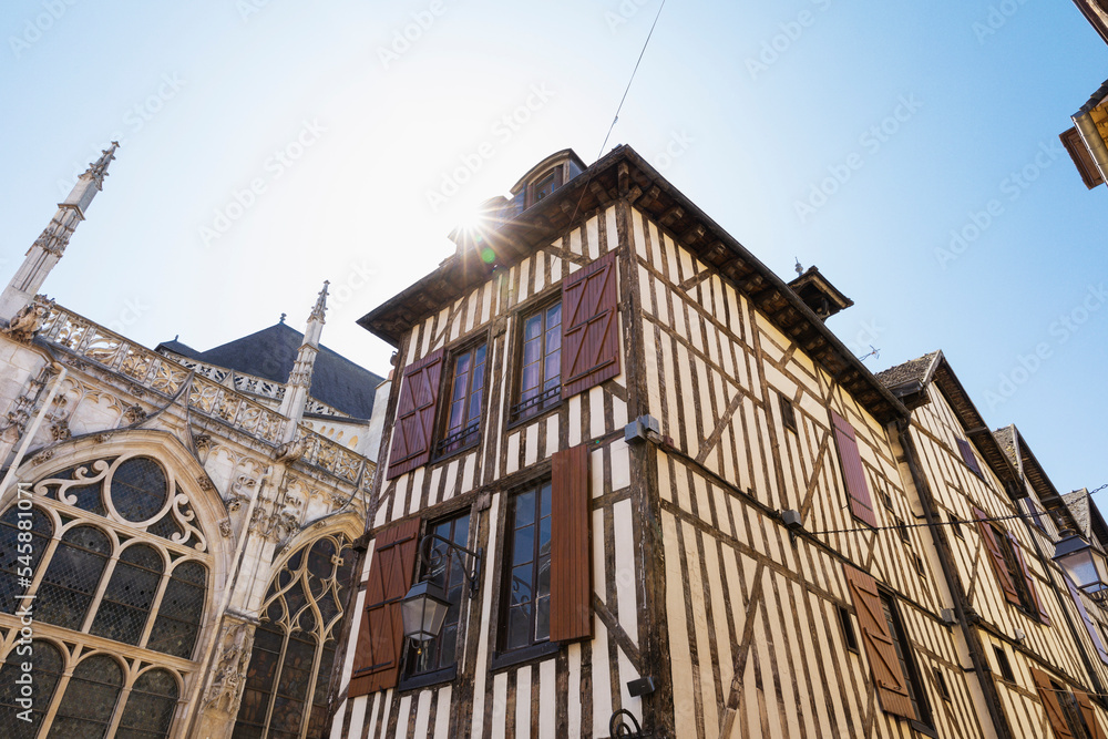 France, Grand Est, Troyes, Sun shining over historic half-timbered townhouses France, Grand Est, Troyes, Sun shining over historic half-timbered townhouses