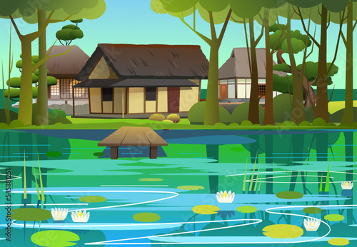 Water lily pond in Japan. Traditional Japanese house. Small village. Rural dwelling with thatched roof. illustration vector.