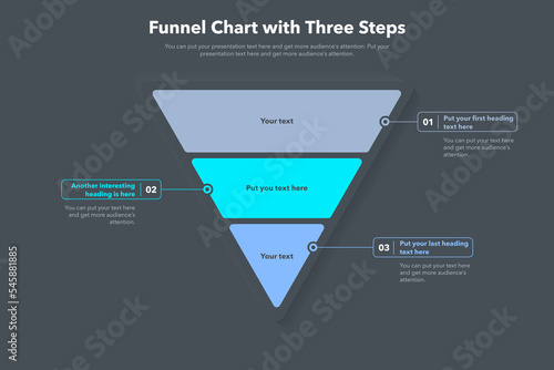 Funnel chart template with three steps - dark version. Slide for business presentation.