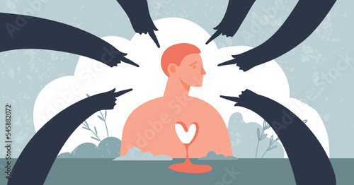 Internet bullying concept banner. Frightened teenage boy and hands pointing at him, teenage trauma, social rejection. Vector flat cartoon, psychological support poster.