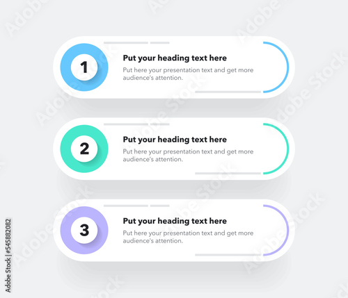 Diagram with three steps with numbers and a place for your text. Flat infographic design.