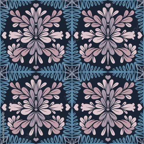 a seamless pattern of floral elements in blue pink and gray colors