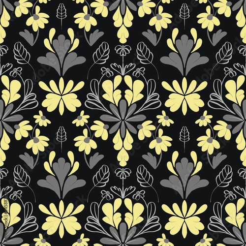 a noiseless pattern with plant patterns in a gray yellow black color scheme