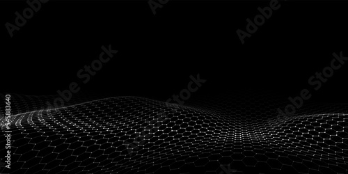 Futuristic hexagon dynamic wave on black background. Futuristic honeycomb concept. Digital technology webflow. Big data visualization. Vector illustration.